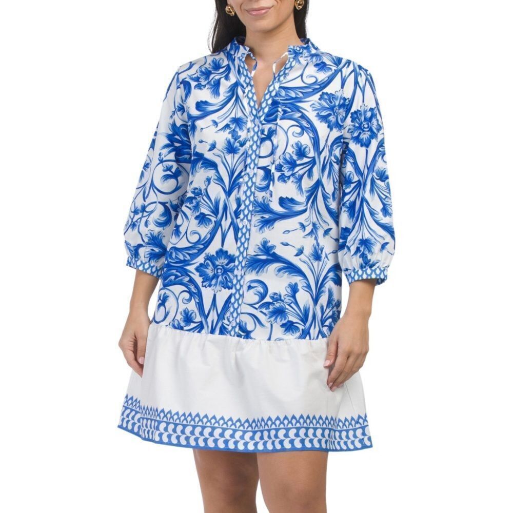 LINA TOMEI Italy Long Sleeve Cotton Baroque Drop Waist Dress Blue Floral M NWT